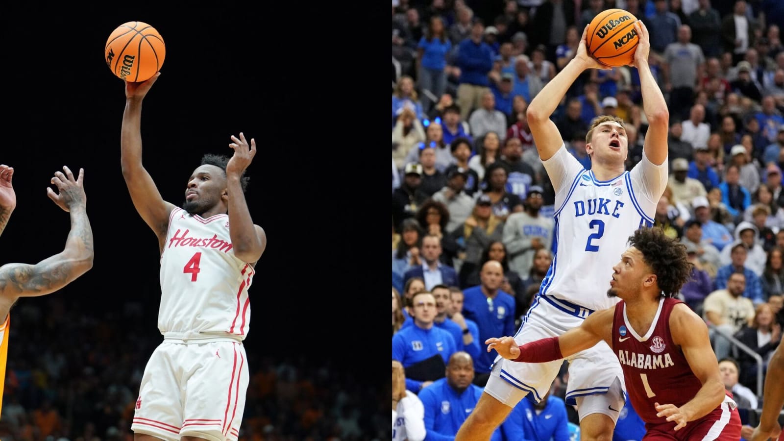 L.J. Cryer (Left) and Cooper Flagg (Right) shoot in the 2025 NCAA Elite Eight Regional Finals