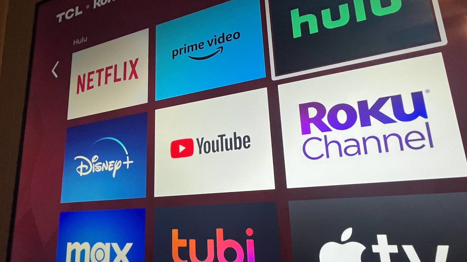 Streaming services displayed on a Roku TV.
