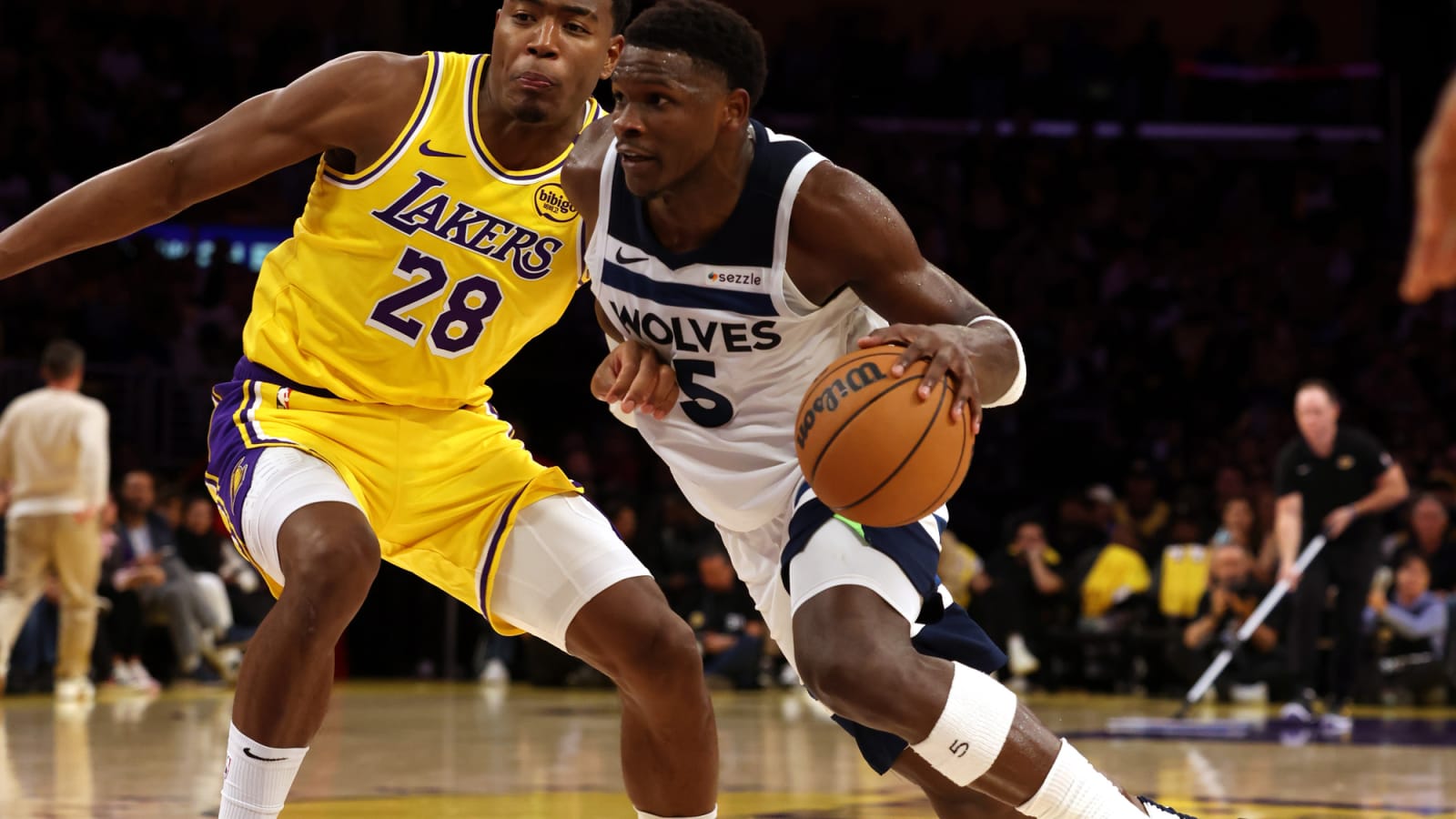 Anthony Edwards drives against Rui Hachimura at Crypto.com Arena