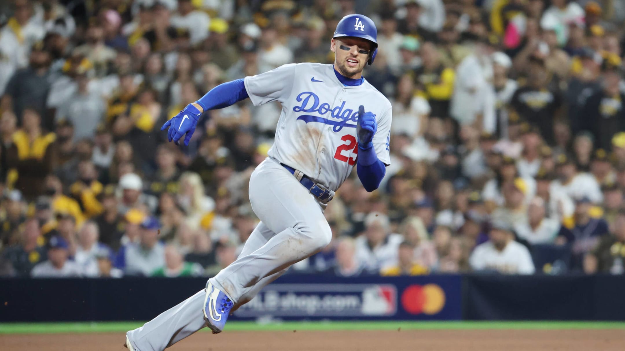 Los Angeles Dodgers center fielder Trayce Thompson looks on during