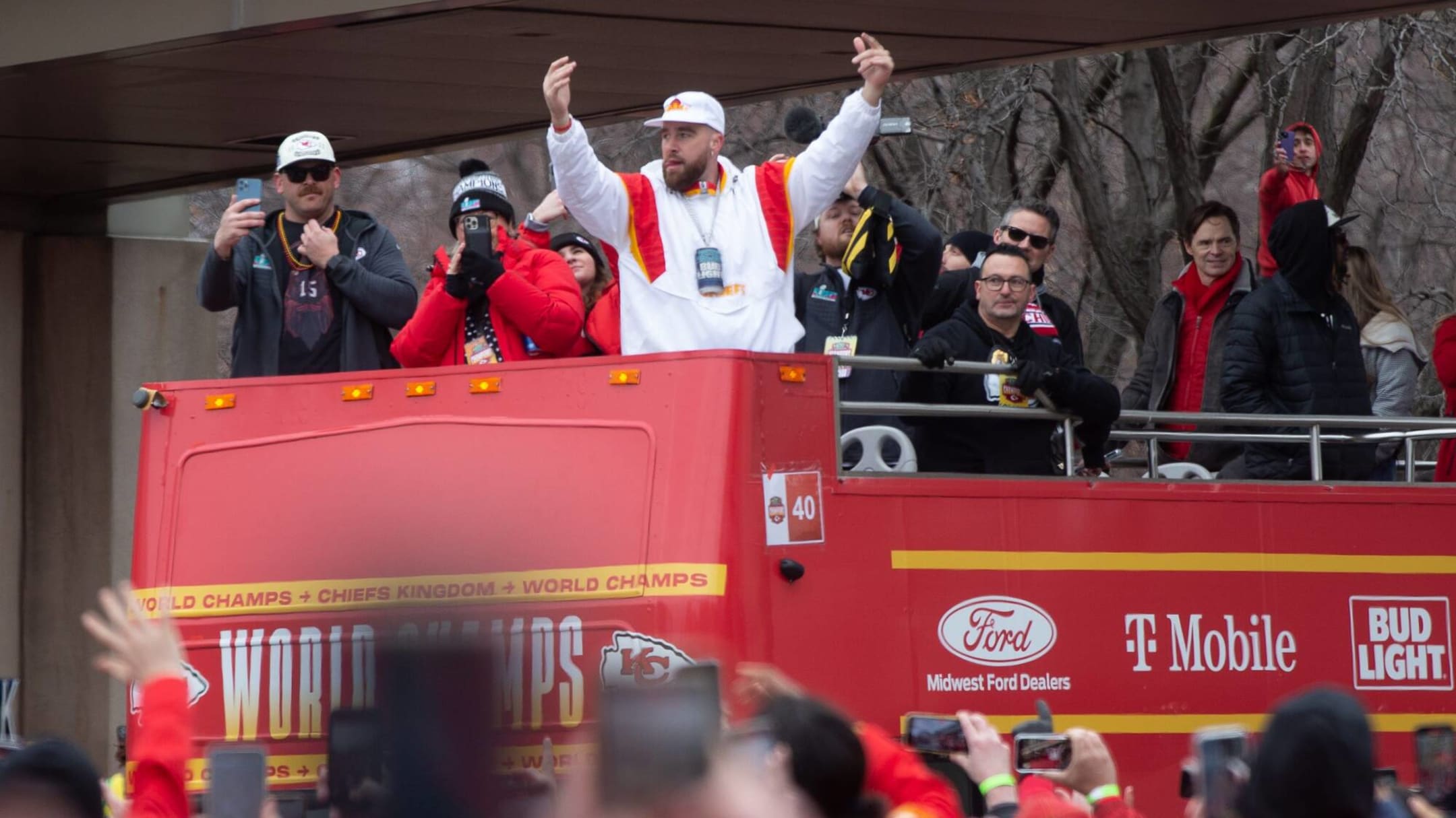 Kansas City Chiefs O-Line wearing '0 Sacks' shirt at Super Bowl parade