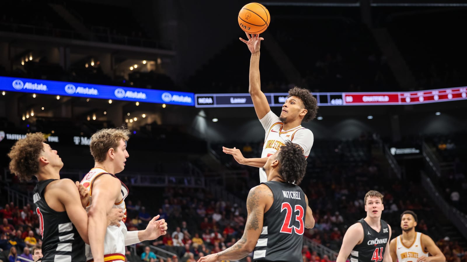 Iowa State guard Curtis Jones (5) shoots the ball during the first half against Cincinnati