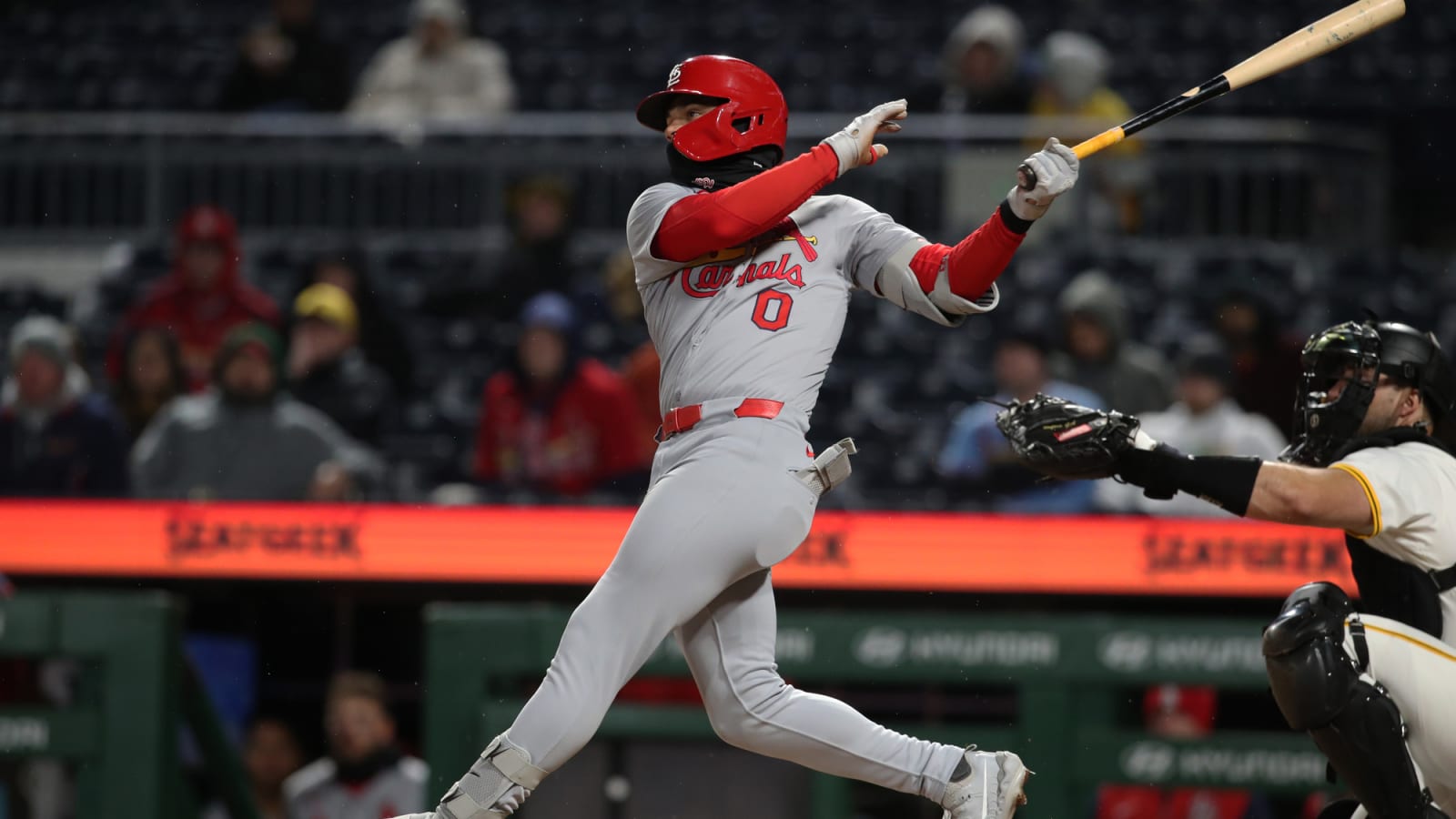 St. Louis Cardinals shortstop Masyn Winn in full swing for his solo home run against the Pittsburgh Pirates