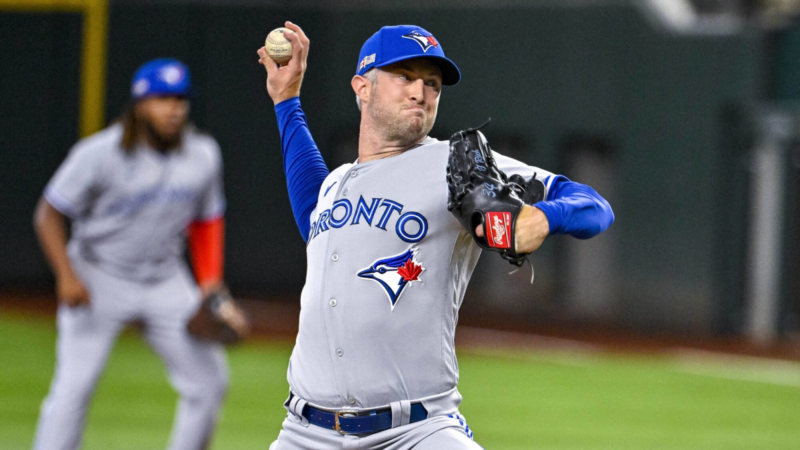 Trevor Richards of the Toronto Blue Jays pitches against the Texas