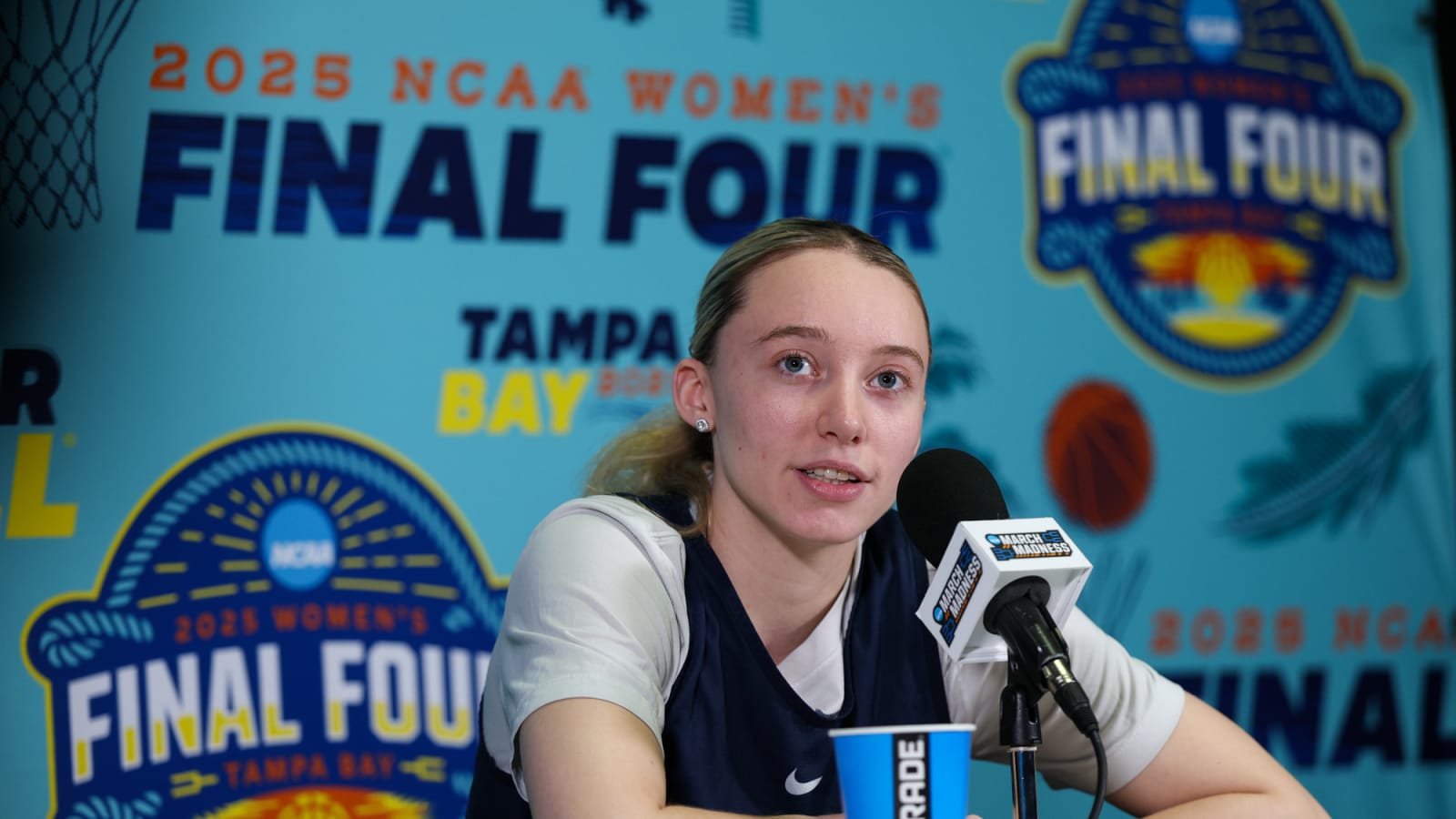 UConn guard Paige Bueckers speaks to the media ahead of the 2025 NCAA Women's Final Four at Amalie Arena in Tampa.