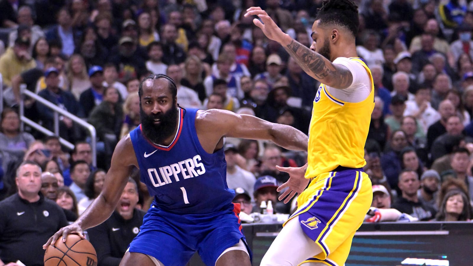 Watch: ‘Fired up’ D’Angelo Russell denies James Harden with an aggressive block during the Clippers-Lakers game