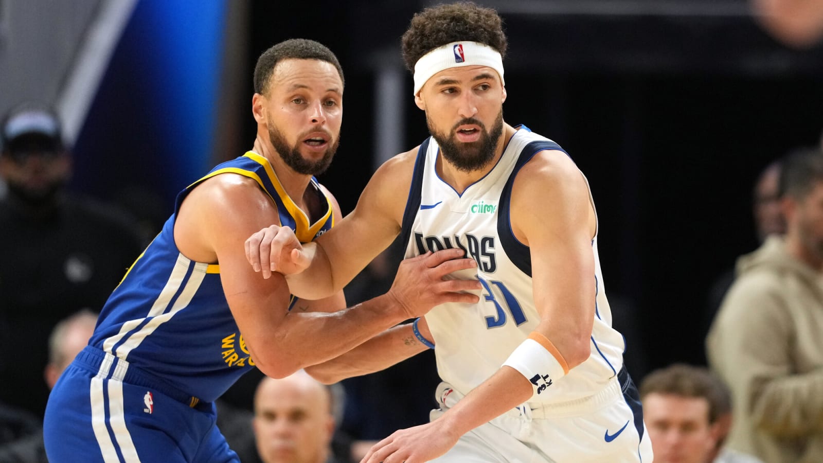 Stephen Curry defends against Klay Thompson at Chase Center