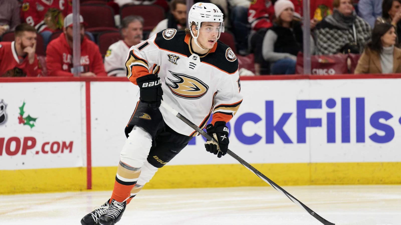 Ducks center Leo Carlsson leaves game against Flames with apparent lower-body injury