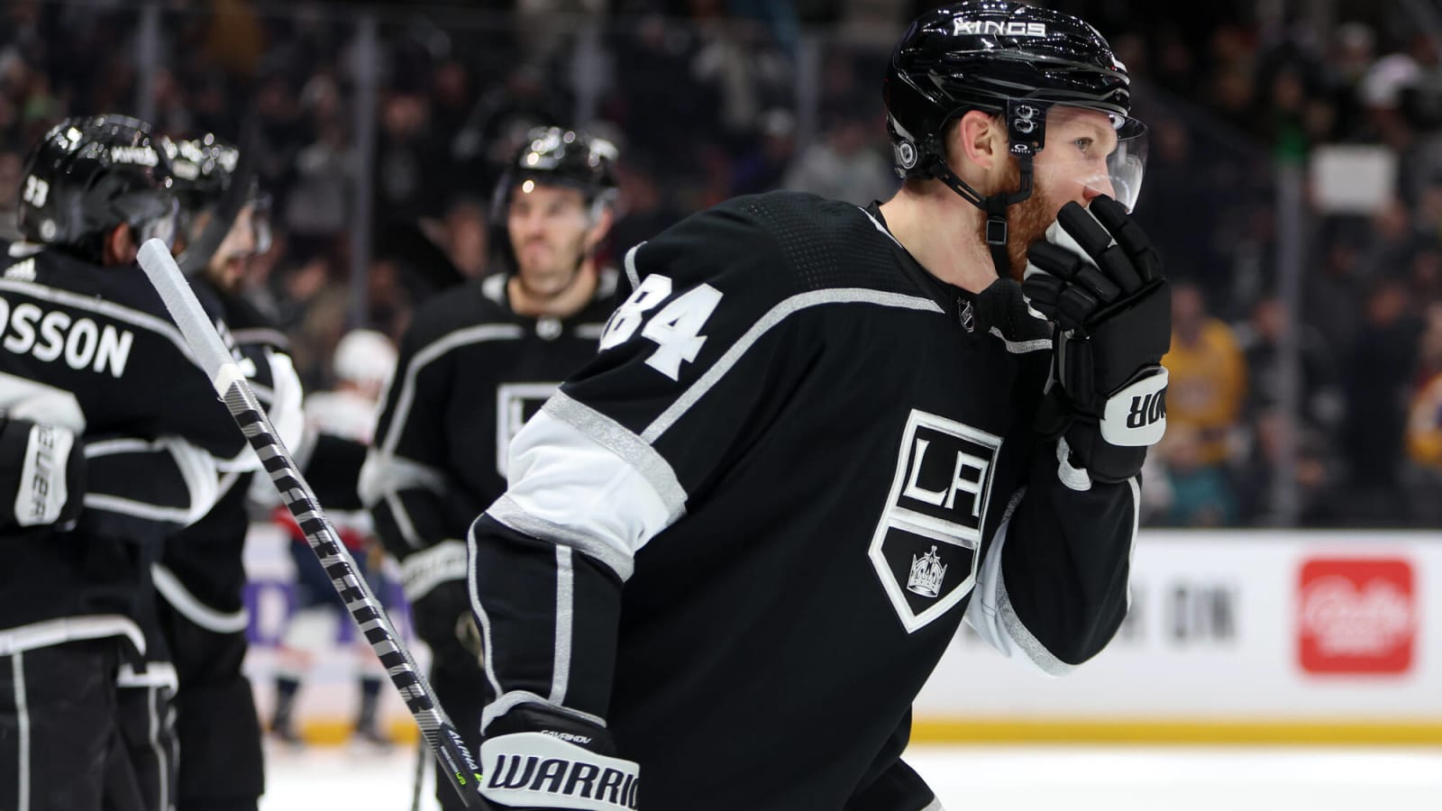 Joonas Korpisalo of the Los Angeles Kings takes the ice with