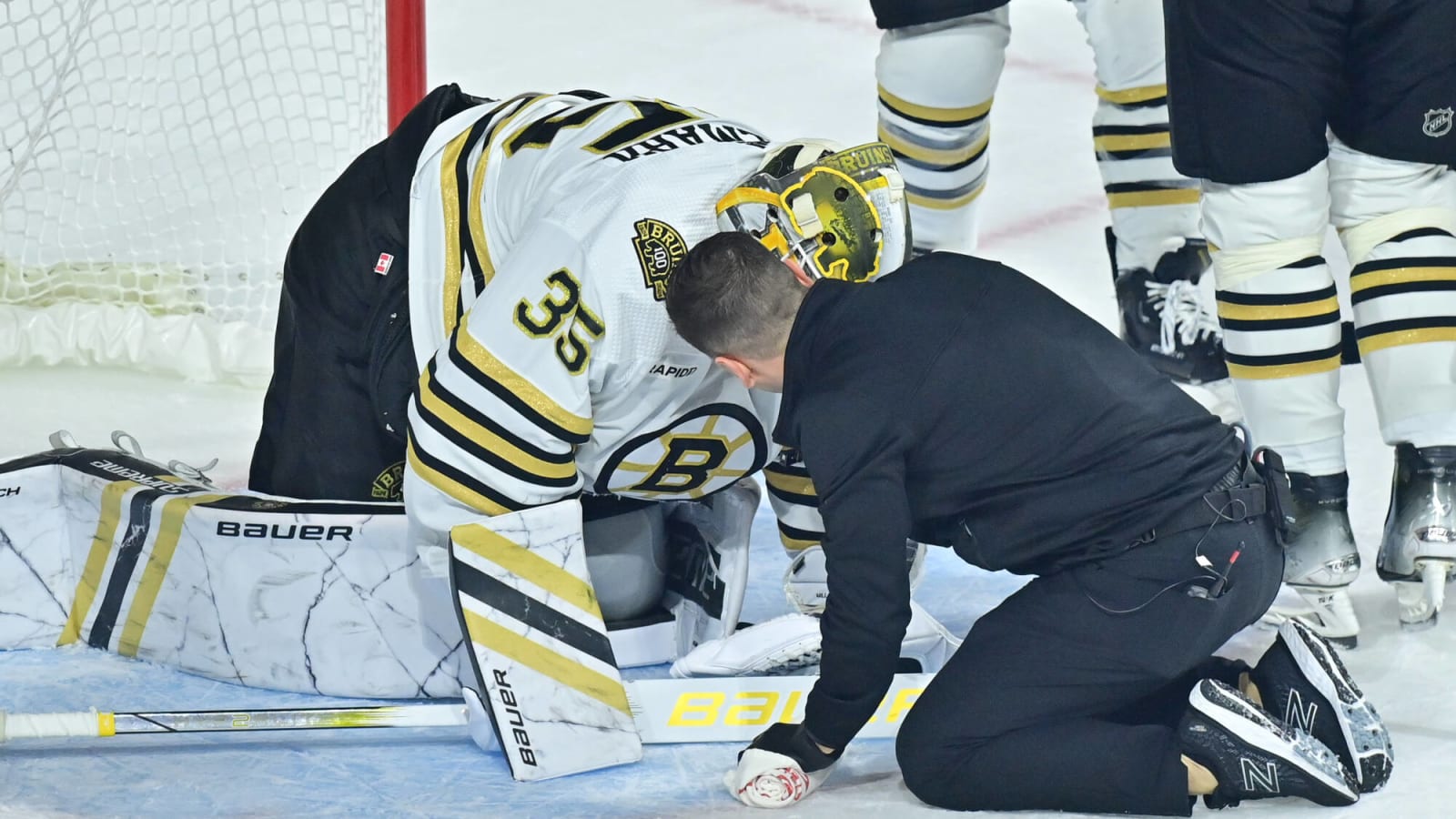 Watch: Bruins goaltender Linus Ullmark suffers CRITICAL lower-body injury in OT during clash against Coyotes