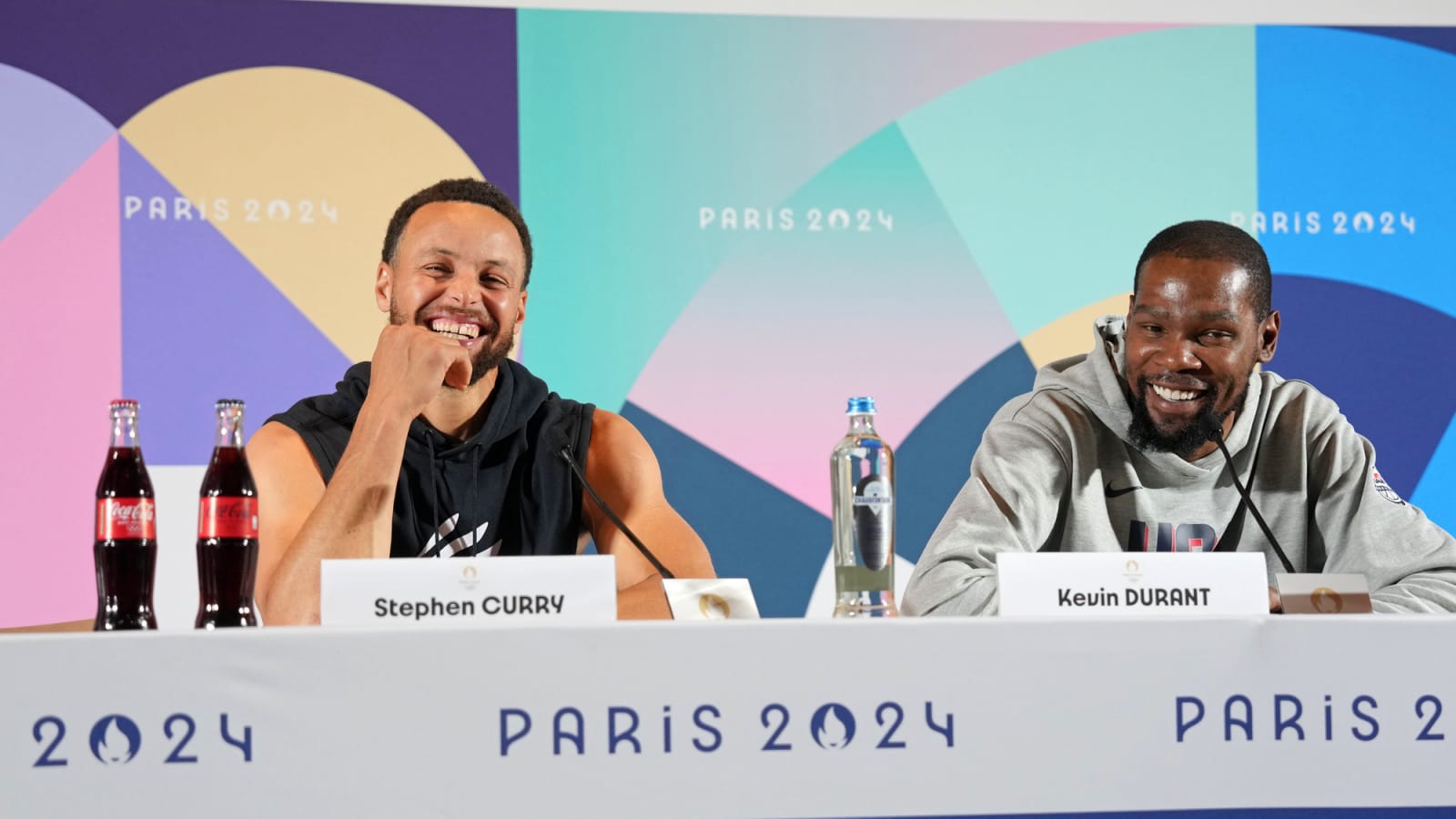 Stephen Curry and Kevin Durant talk to the media during a press conference