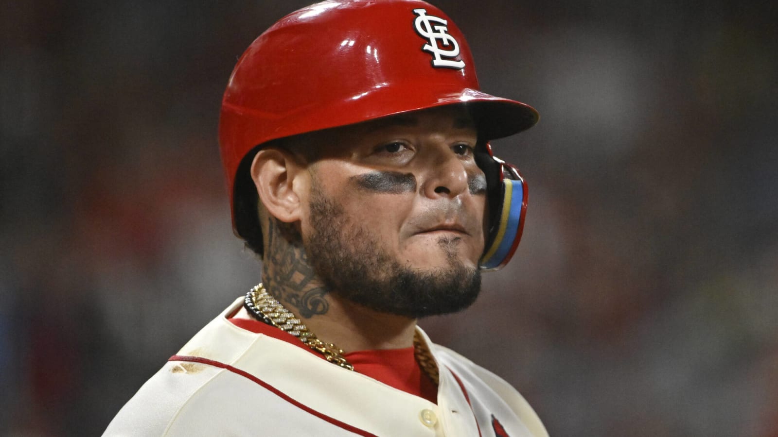 ST. LOUIS, MO - MAY 09: St. Louis Cardinals catcher Yadier Molina (4) wears pink  gear in honor of Mother's Day during a game featuring the Colorado Rockies  at the St. Louis