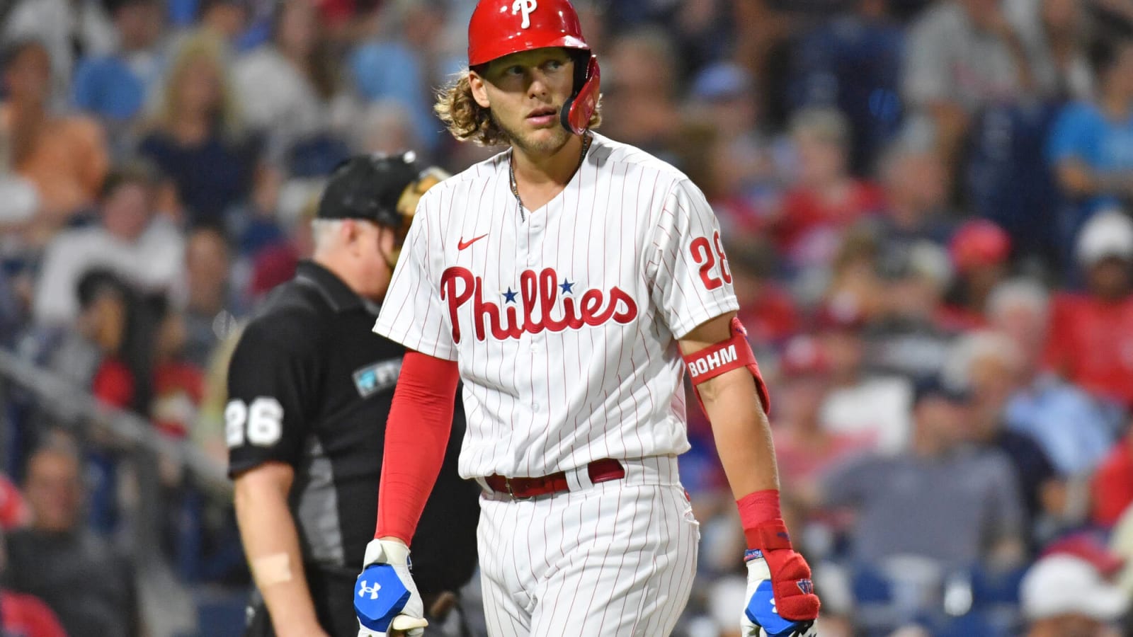 LOS ANGELES, CA - MAY 12: Philadelphia Phillies third baseman Alec Bohm  (28) looks on during a regular season game between the Los Angeles Dodgers  and Philadelphia Phillies on May 12, 2022