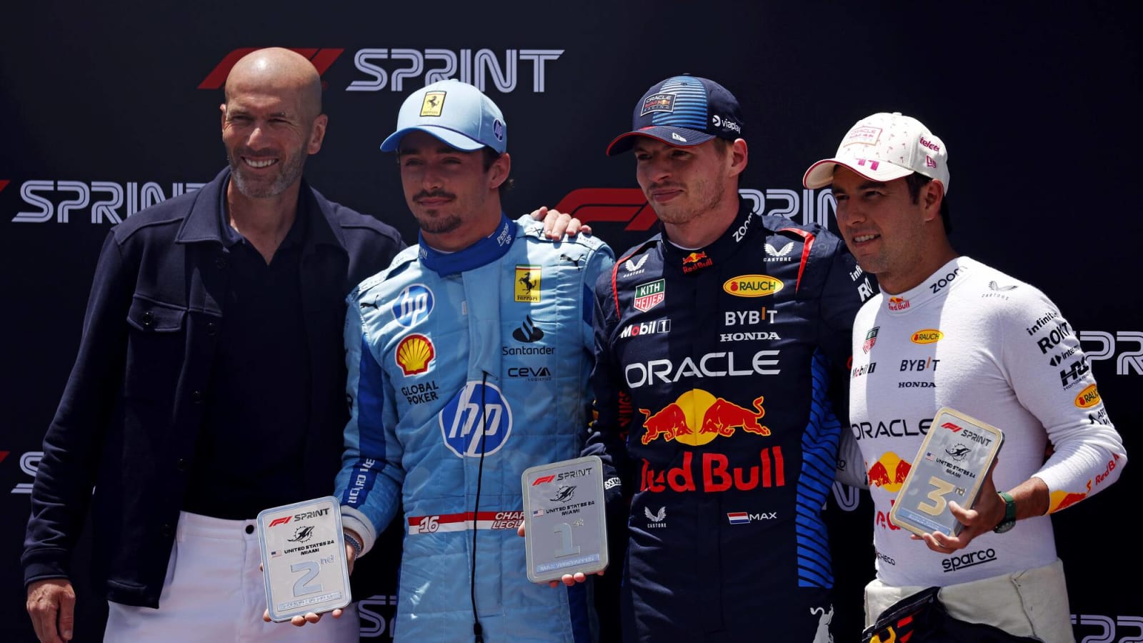 Watch: Football legend Zinedine Zidane almost gives Charles Leclerc’s Miami Sprint P2 trophy to third place Sergio Perez 