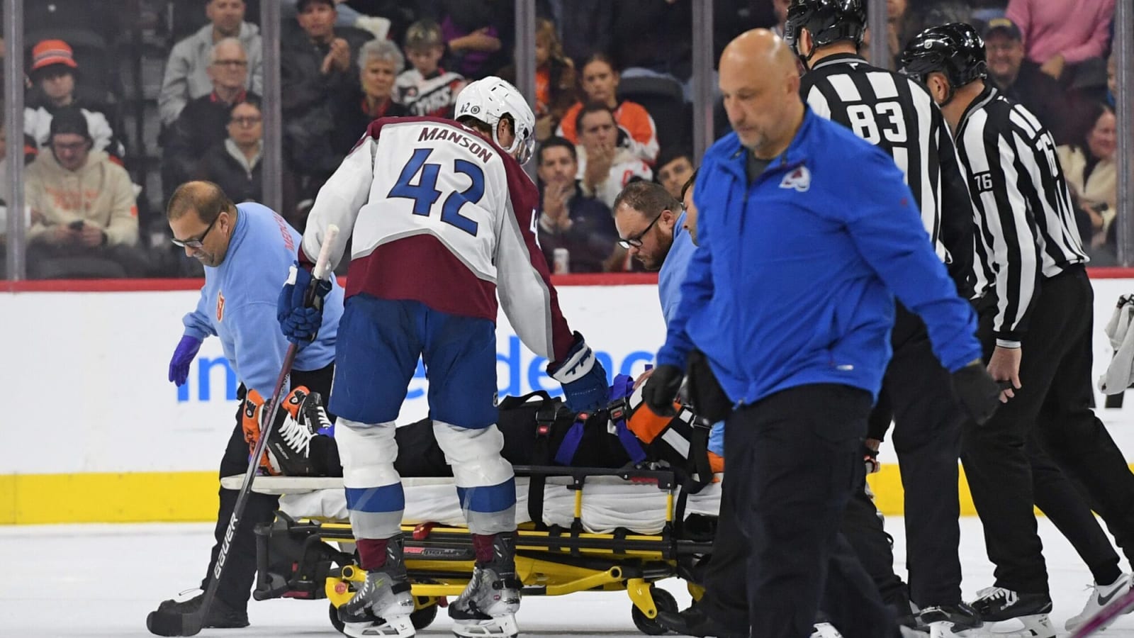 Referee Mitch Dunning taken to hospital following collision with Avalanche’s Josh Manson