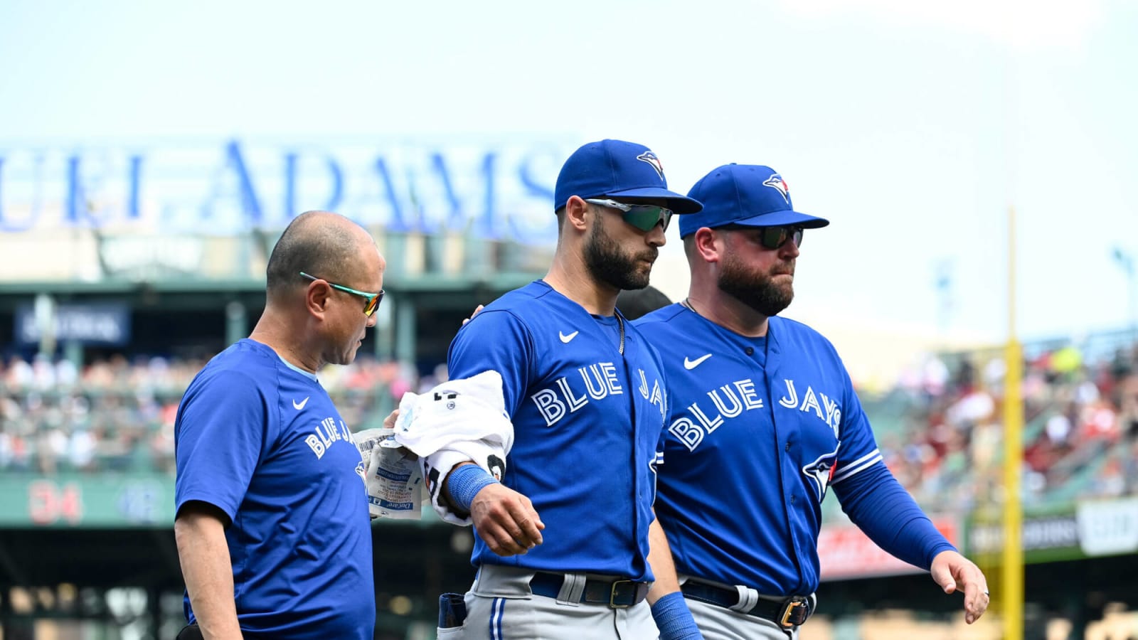Toronto Blue Jays outfielder Kevin Kiermaier receives stiches after crashing into Fenway Park fence