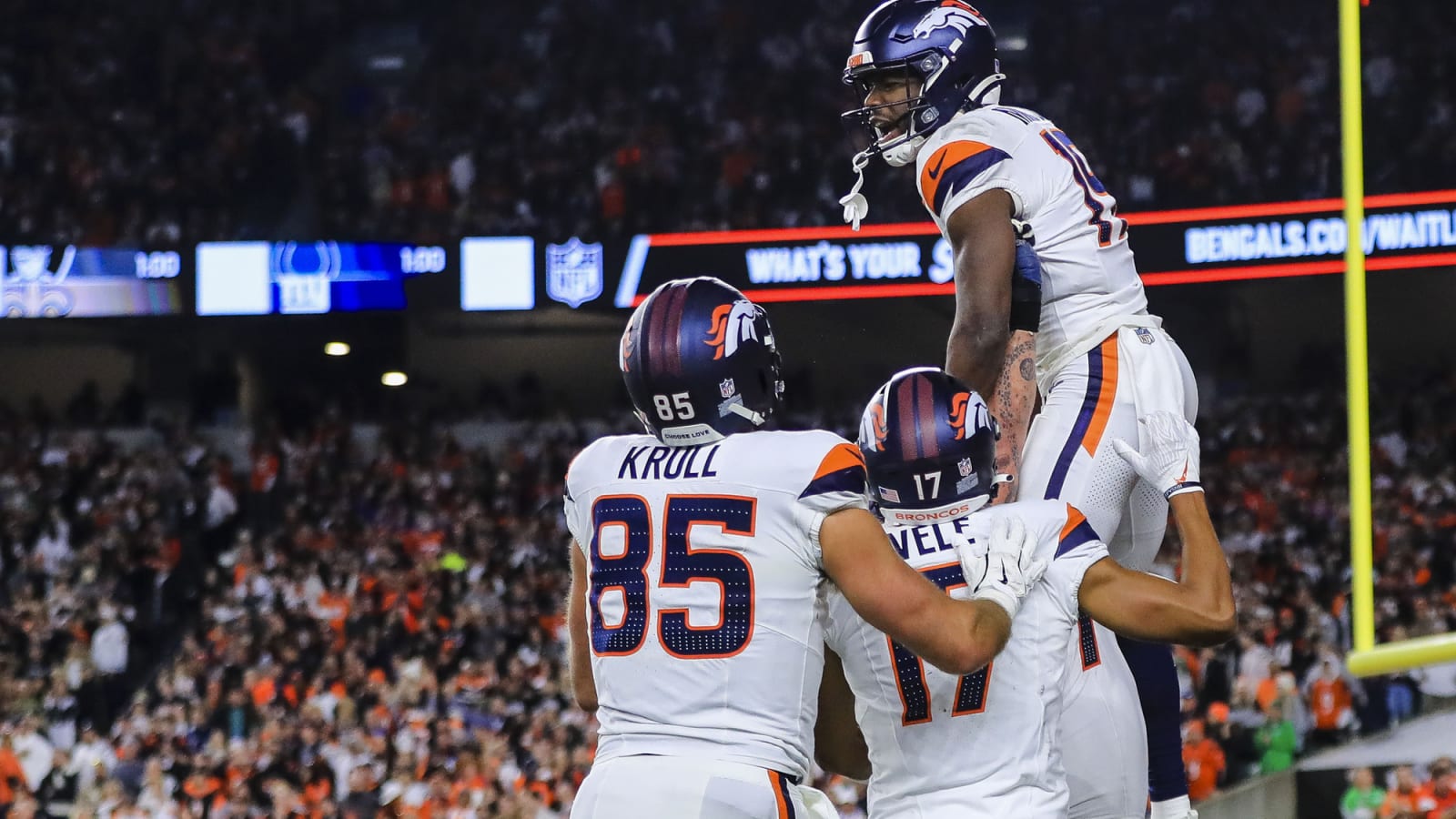 Marvin Mims Jr. celebrates touchdown vs. Bengals at Paycor Stadium