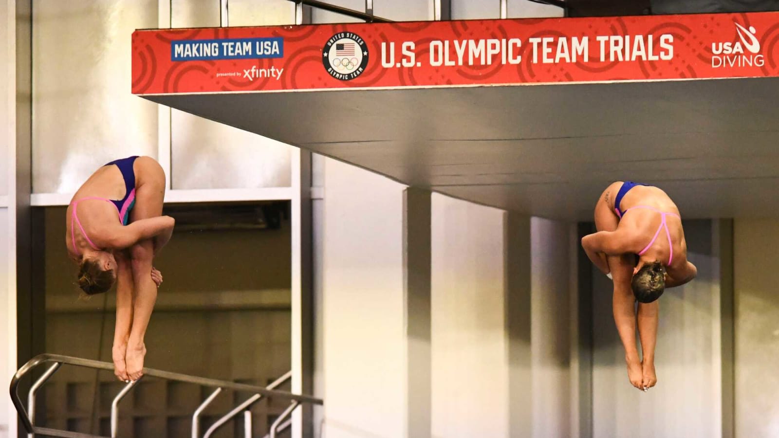 Delaney Schnell and Jessica Parratto in their final dive at the U.S. Olympic Team finals