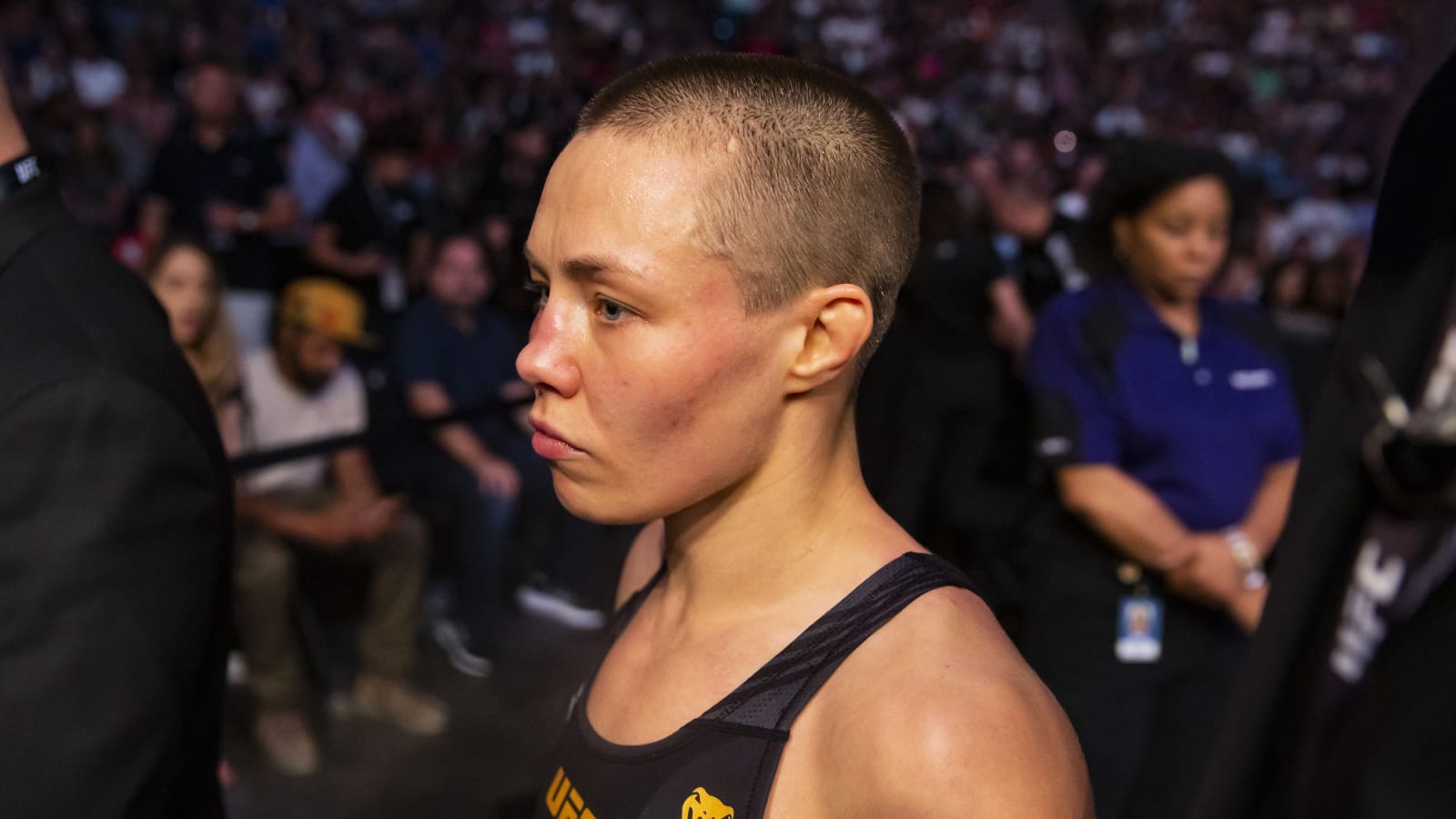 Rose Namajunas reacts to knocking out Tracy Cortez eyelashes at UFC Denver