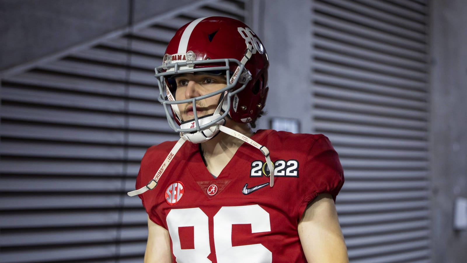 Alabama punter James Burnip reacts to Crimson Tide getting a Lou Groza Award-winning kicker