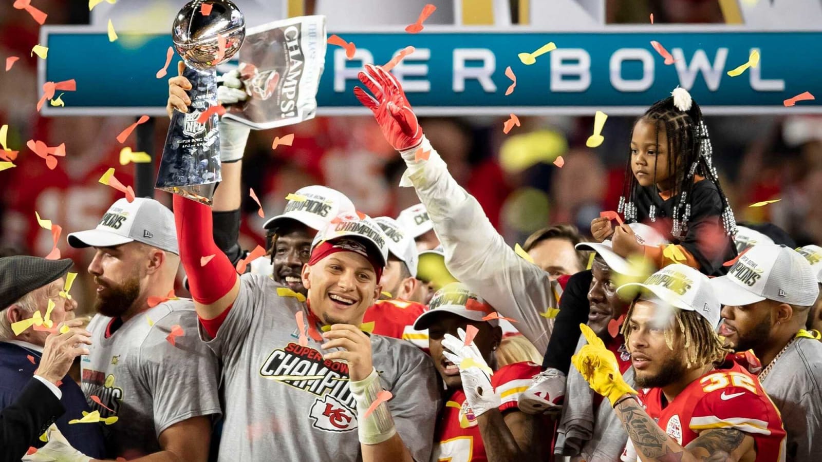 Patrick Mahomes celebrates with Lombardi Trophy after Super Bowl 54 win