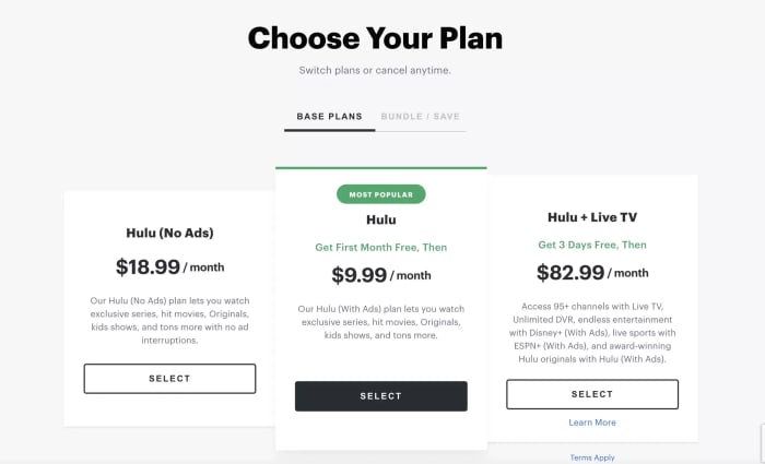 Picking The Hulu Plan Screen Capture With No Ads And Ads Variants Displayed
