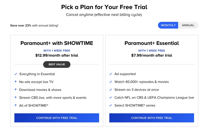 Screen Capture Of Paramount Plus Free Trial Options