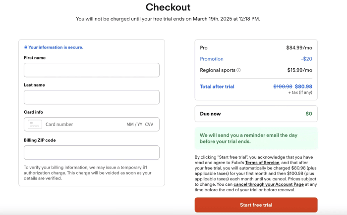 A Screen Capture Of The Fubo TV Free Trial Checkout Process With The Ability To Enter In Billing Information
