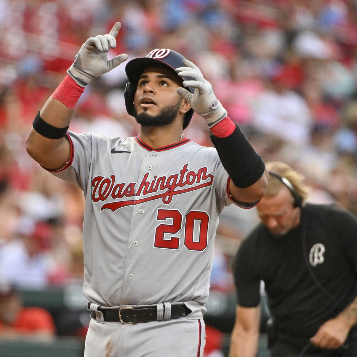 Washington Nationals' Keibert Ruiz looks toward teammates in the