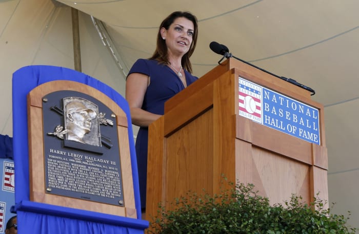 2019: Brandy Halladay, wife of late pitcher Roy Halladay, during his Baseball Hall of Fame induction ceremony