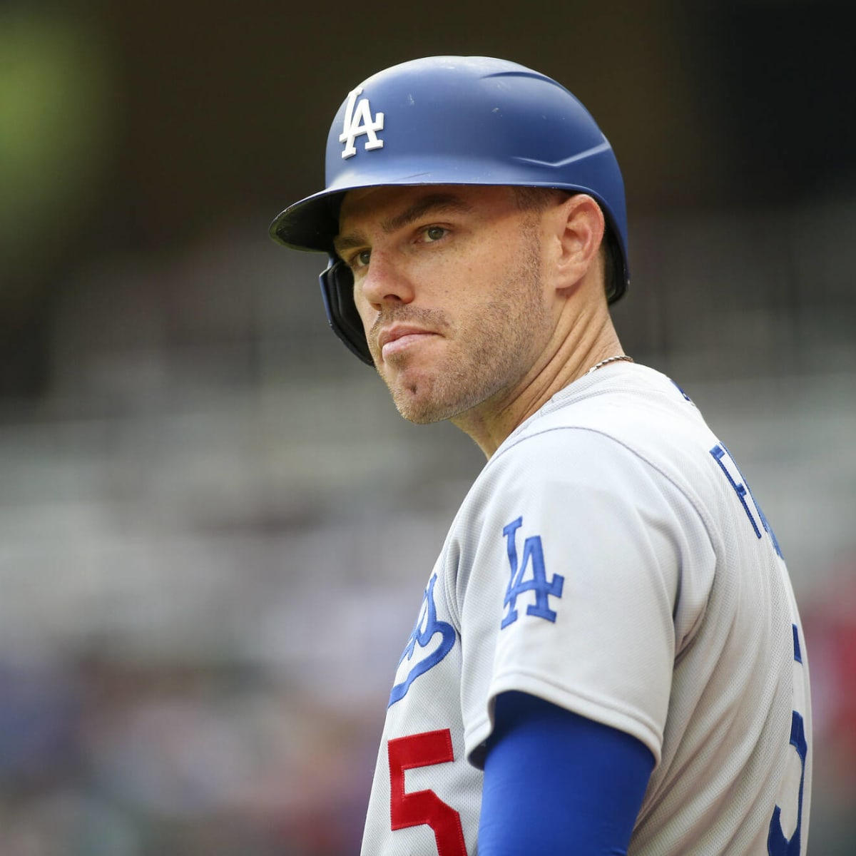 Freddie Freeman of the Los Angeles Dodgers warms up on deck during