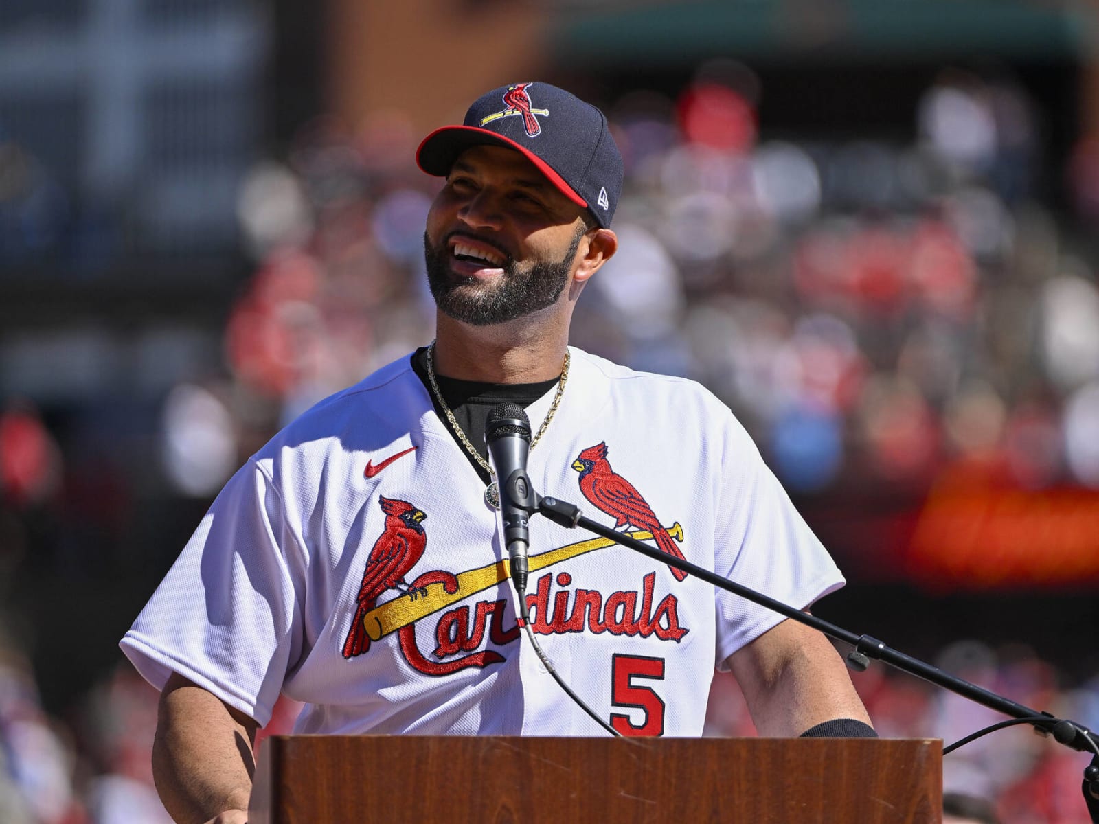 Creve Coeur, United States. 26th Jan, 2020. Los Angeles Angels Albert Pujols  is slowed by the opposing team as he plays in the Albert Pujols All Stars  basketball game at Missouri Baptist