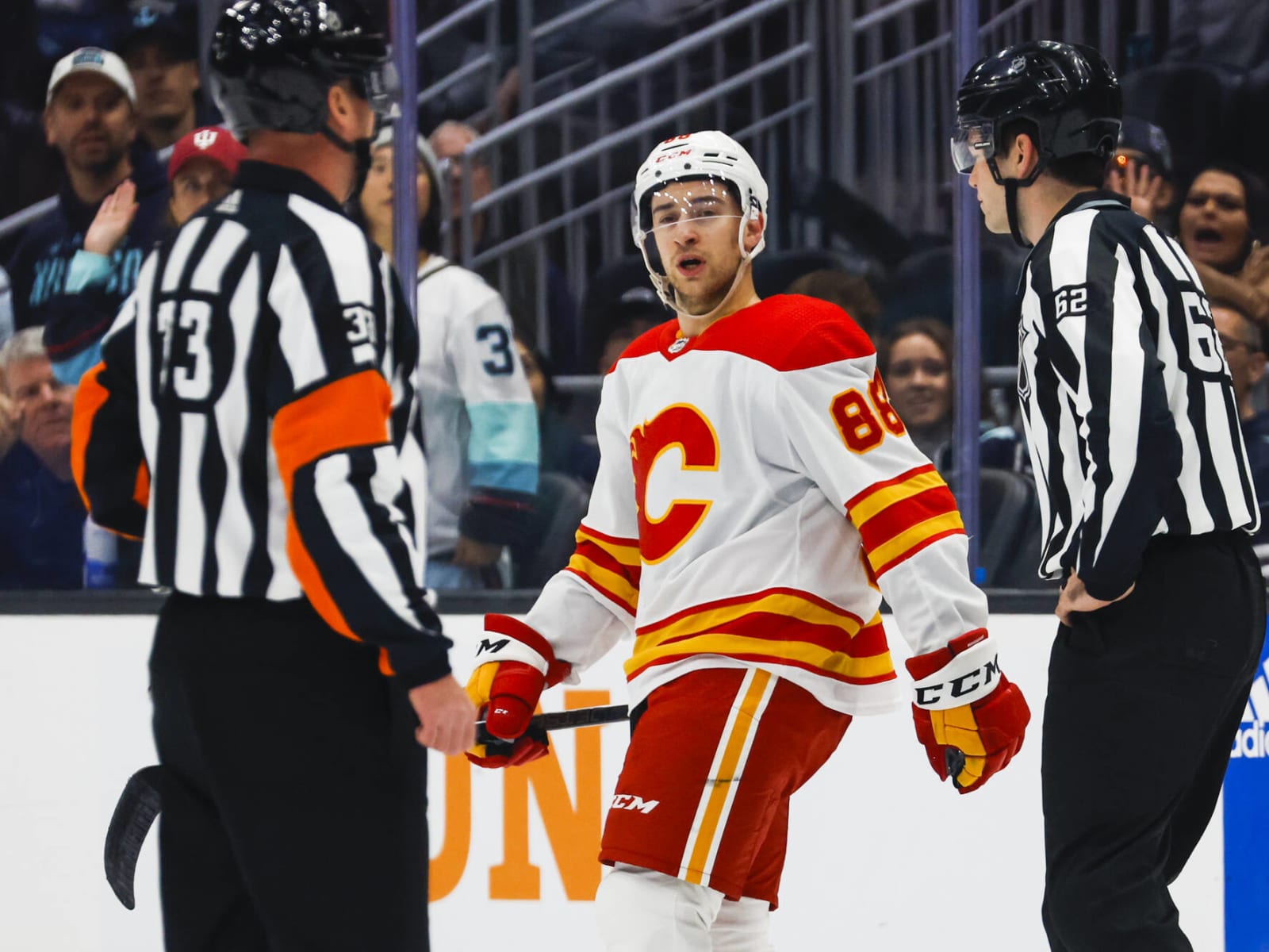 Flames' Mangiapane assessed match penalty for cross-checking Kraken's  McCann in neck