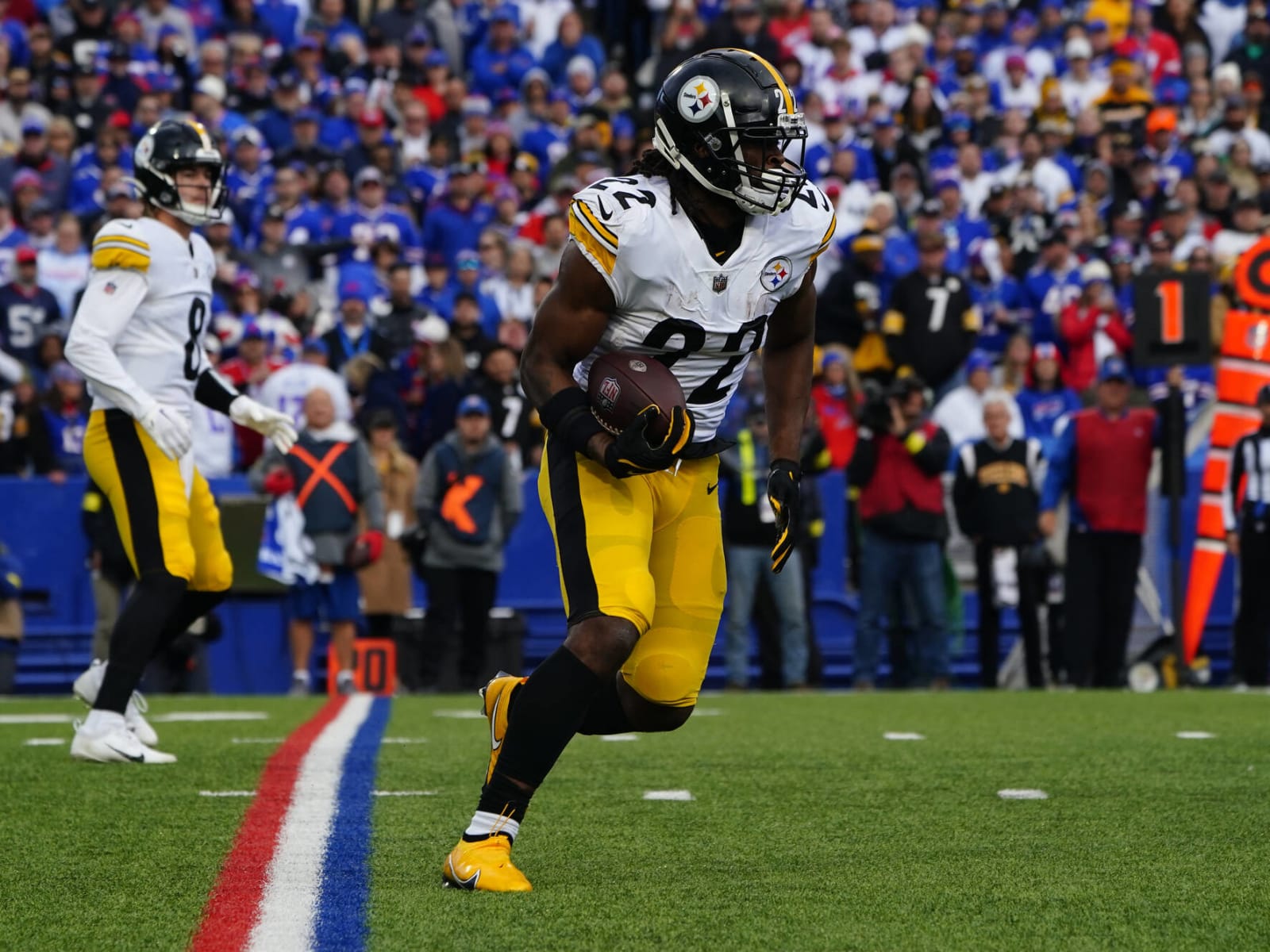 Pittsburgh Steelers running back Najee Harris (22) carries the ball during  the second half of an NFL football game against the Buffalo Bills in  Orchard Park, N.Y., Sunday, Oct. 9, 2022. The