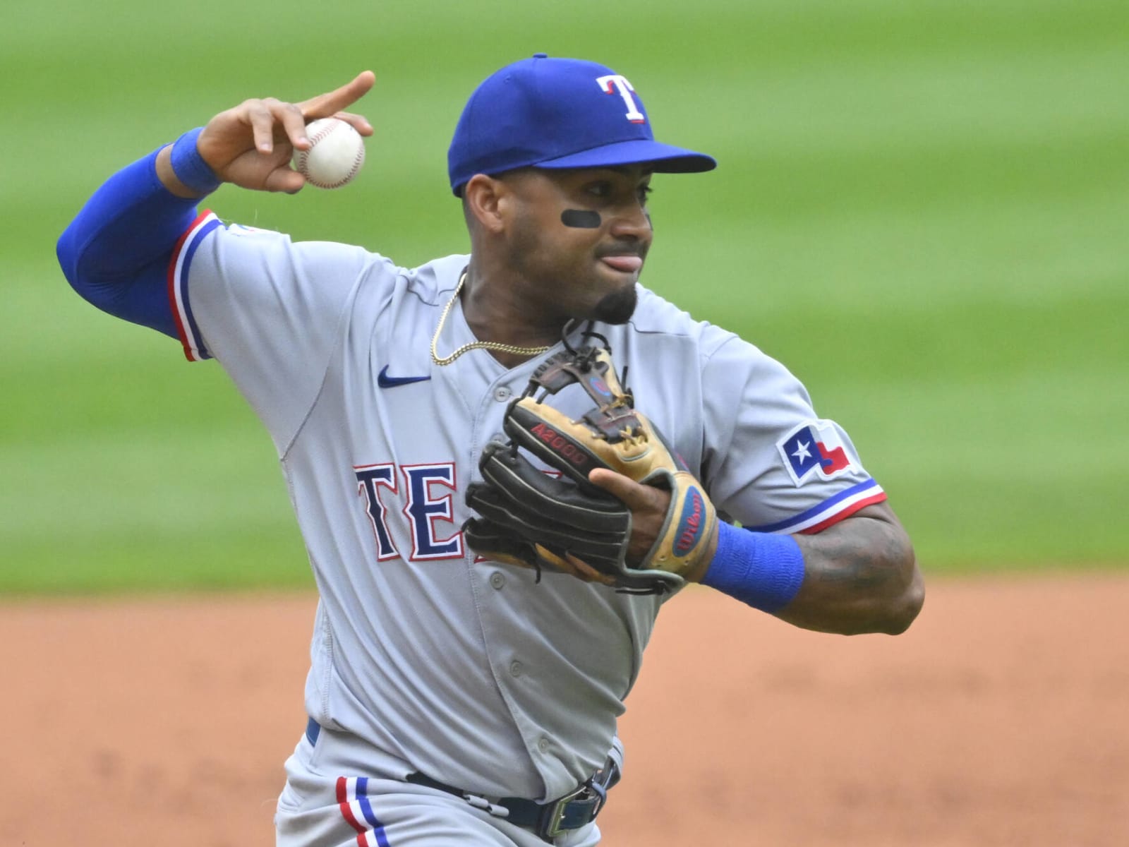 Texas Rangers' Andy Ibanez stretches from the dugout during the second  inning of a baseball game against the Baltimore Orioles, Thursday, Sept.  23, 2021, in Baltimore. (AP Photo/Terrance Williams Stock Photo - Alamy