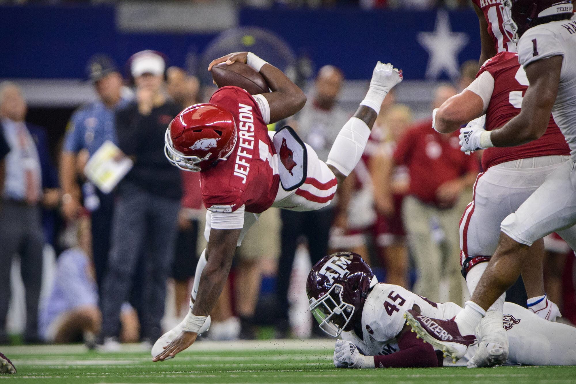 No. 10 Arkansas (3-0, 1-0 in SEC) vs. No. 23 Texas A&M (2-1, 0-0 in SEC), at Arlington, Texas, 7 p.m., Saturday, ESPN