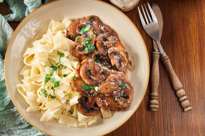 Chicken Marsala with Buttered Noodles - Baker by Nature