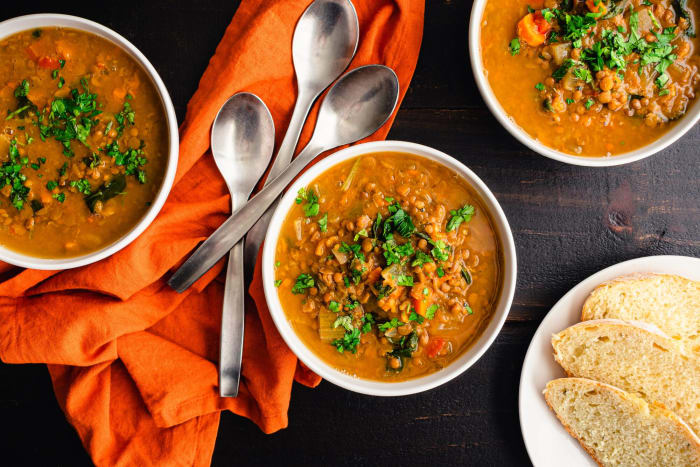 Moroccan sweet potato lentil soup