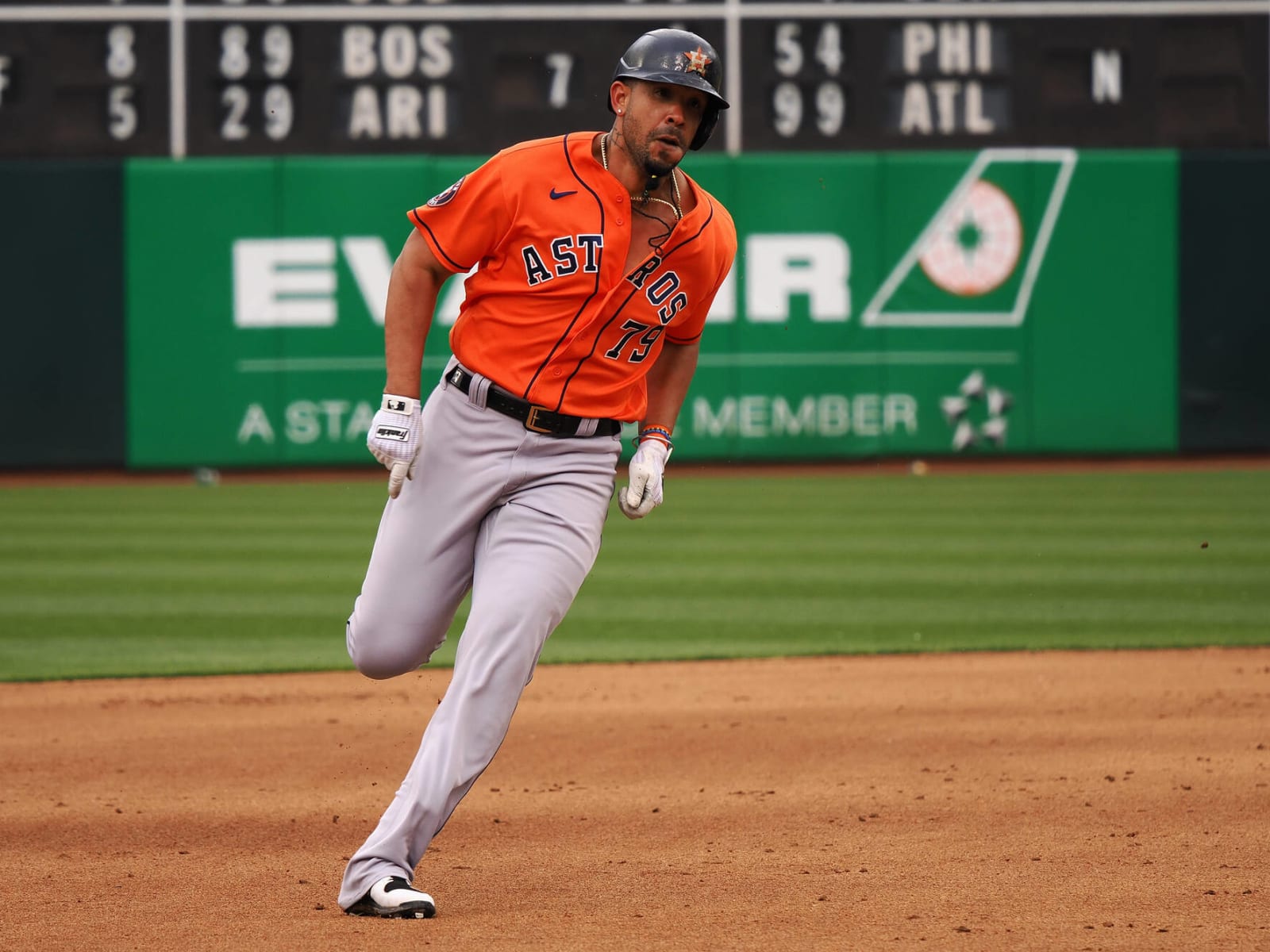 Houston Astros first baseman Jose Abreu (79) wipes sweat during the first  inning of a spring training game at The Ballpark of the Palm Beaches on  Saturday, Feb. 25, 2023 in West