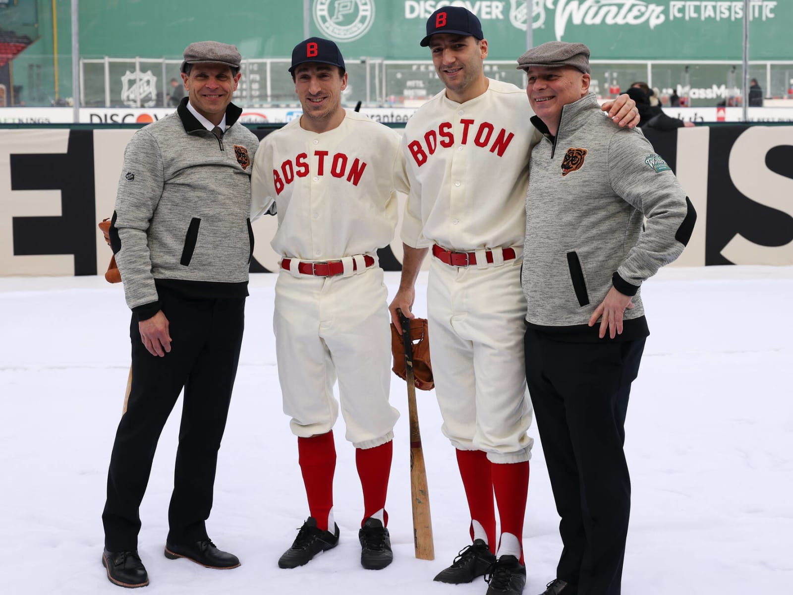 Bruins players wear vintage Red Sox uniforms before Winter Classic