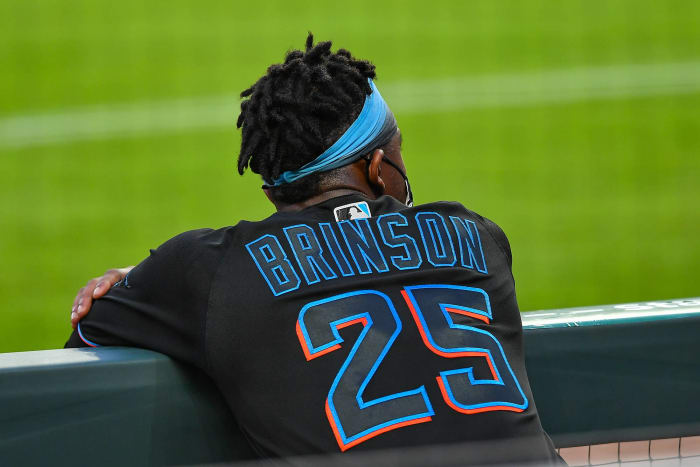 A detailed view of Lewis Brinson Miami Marlins throwback jersey