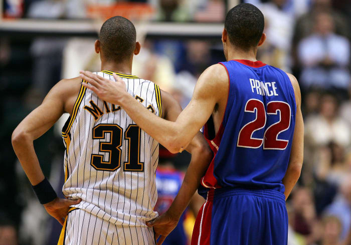 Tayshaun Prince stuffs Reggie Miller out of nowhere