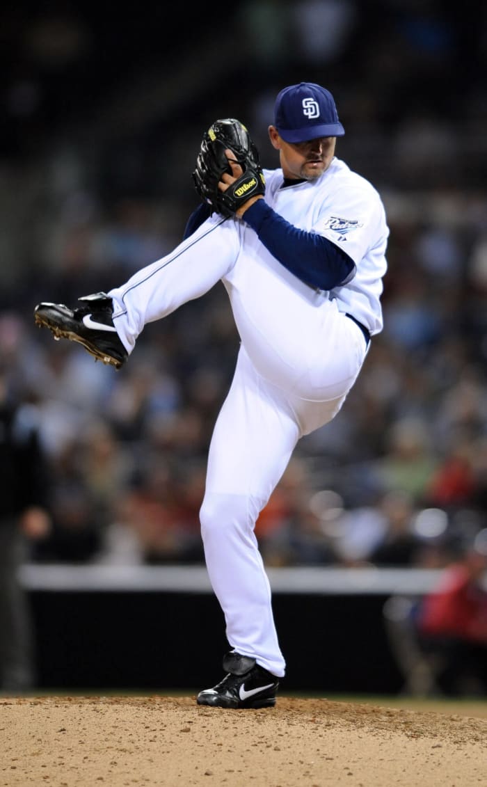 Trevor Hoffman wears his Hall Of Fame Jersey and Hat at the