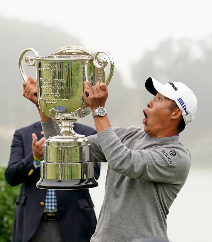 Collin Morikawa has a trophy mishap