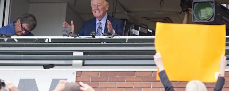 A patch for announcer Vin Scully is shown on the jersey of Los