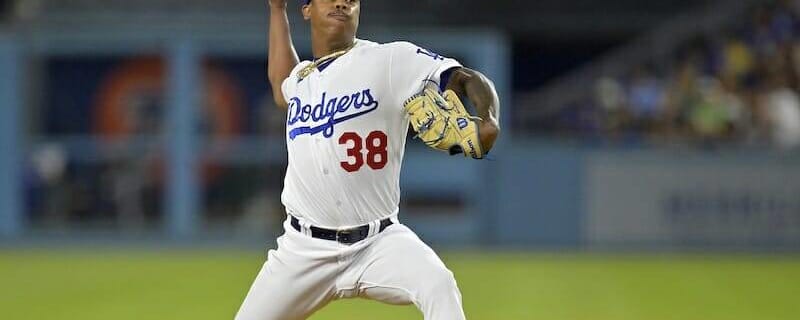 LOS ANGELES, CA - MAY 03: Los Angeles Dodgers relief pitcher Yency Almonte  (38) pitches during the game between the Phillies and the Dodgers on May  03, 2023, at Dodger Stadium in