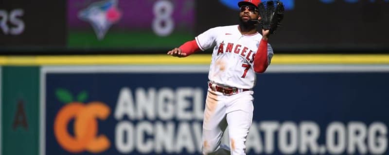 Los Angeles Angels' Jo Adell (7) bats against the Cleveland