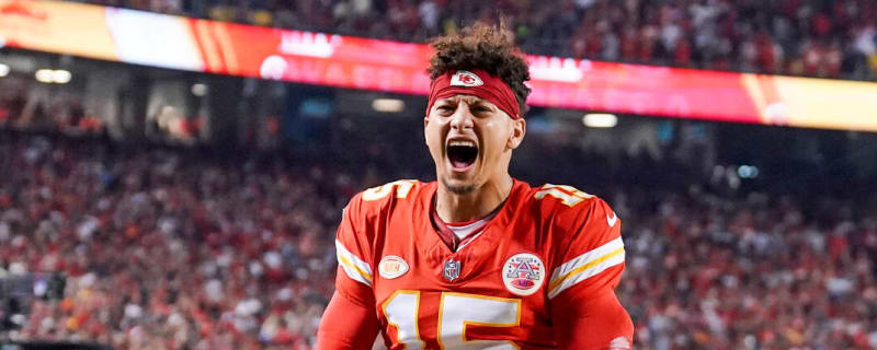 Kansas City Chiefs quarterback Patrick Mahomes holds up the Lombardi trophy  before a baseball game between the Kansas City Royals and the Cincinnati  Reds Monday, June 12, 2023, in Kansas City, Mo.