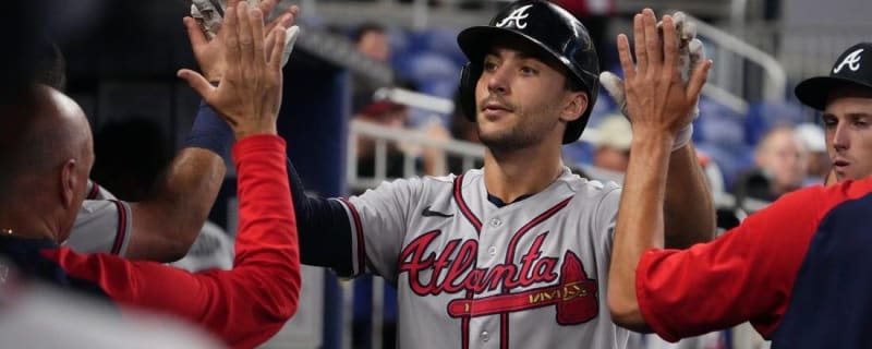 Chadwick Tromp and Bryce Elder of the Atlanta Braves talk during a