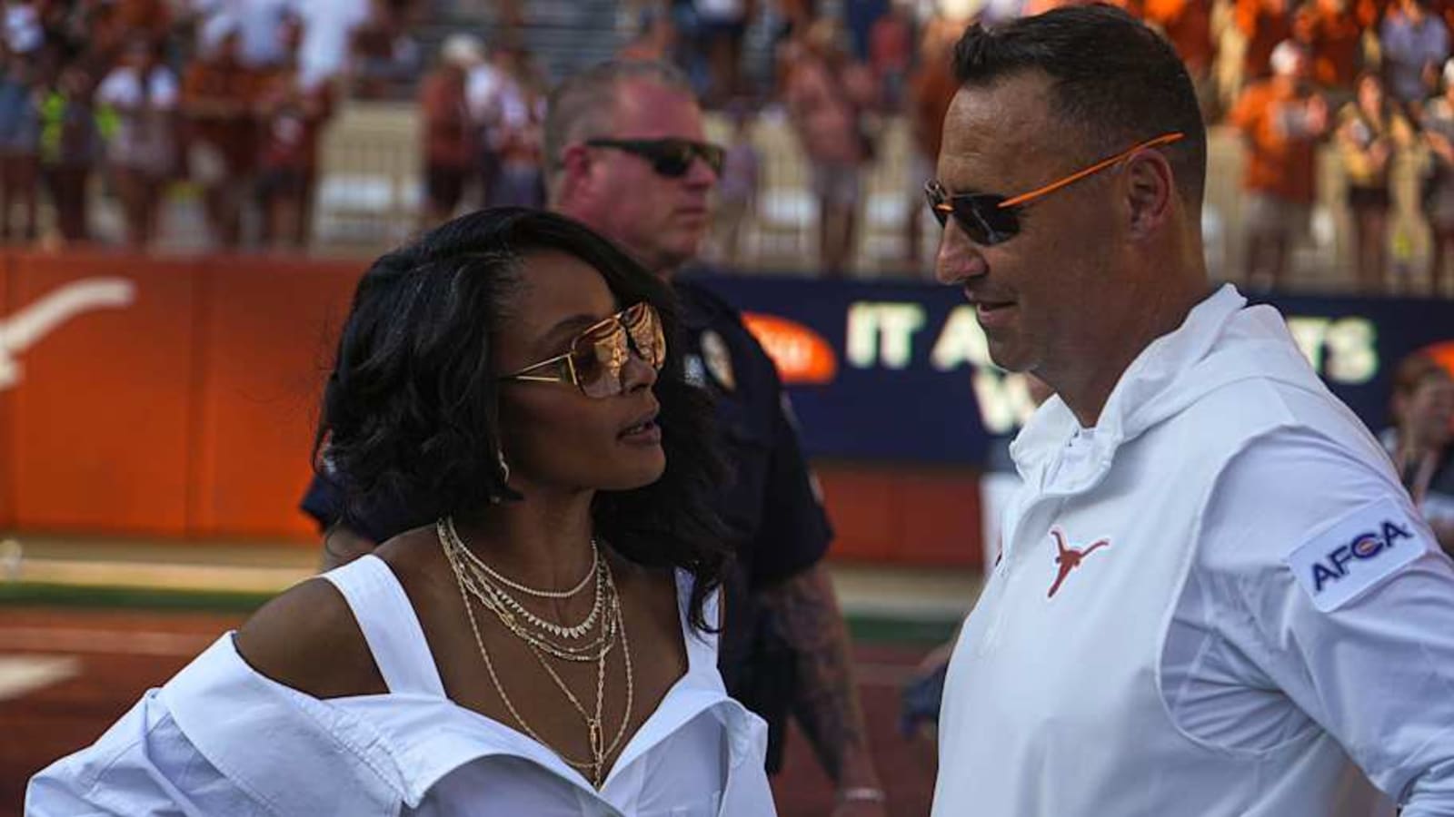 Steve Sarkisian’s wife Loreal rocks insane jeweled platform heels, minidress combo
